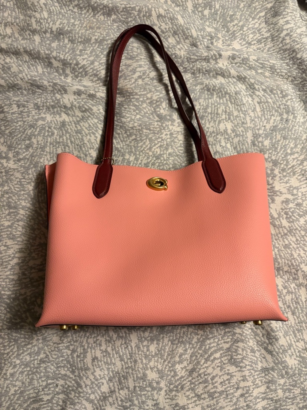 Pink Tote Bag with Contrast Burgundy Handles